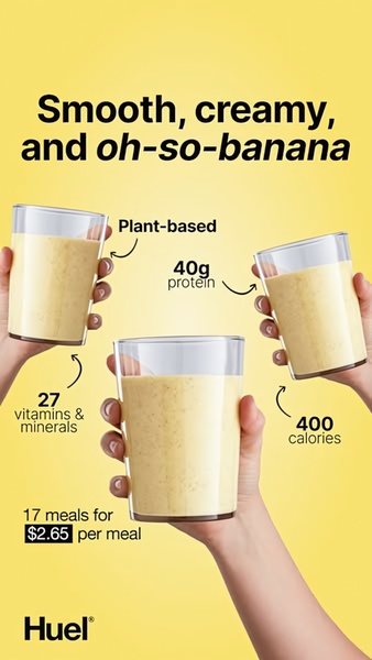 A minimalist, benefit-led advertisement for a meal replacement shake, highlighting key nutritional facts using clear callouts on a bright yellow background.